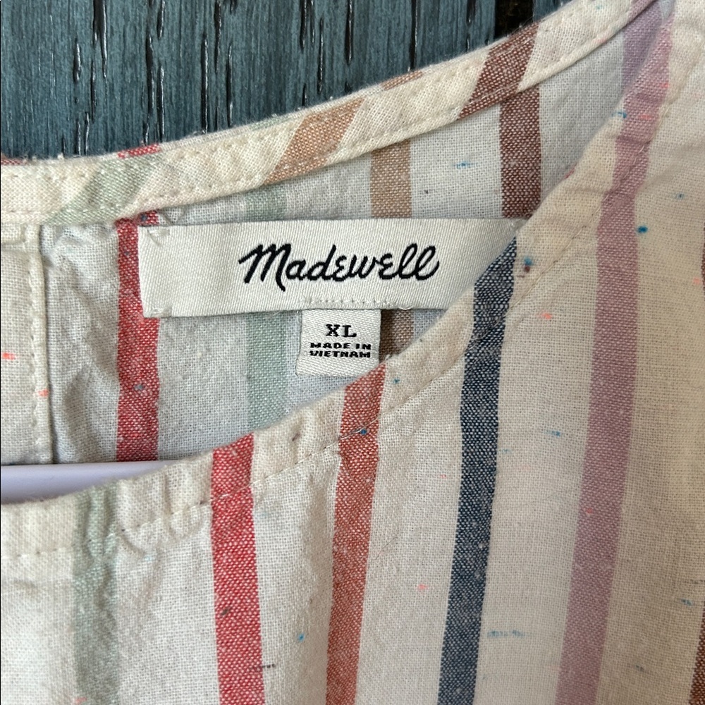 Madewell Cream Stripe Tie-Front Crop Top with Red and Blue Stripes - Picture 2 of 5